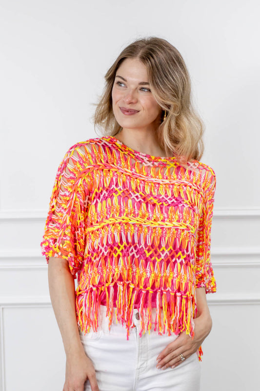 Fringe Benefits Open Knit Cover Up Top