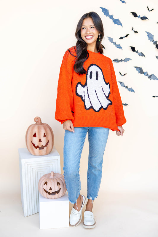 Boo Crew Orange Knit Ghost Graphic Sweater