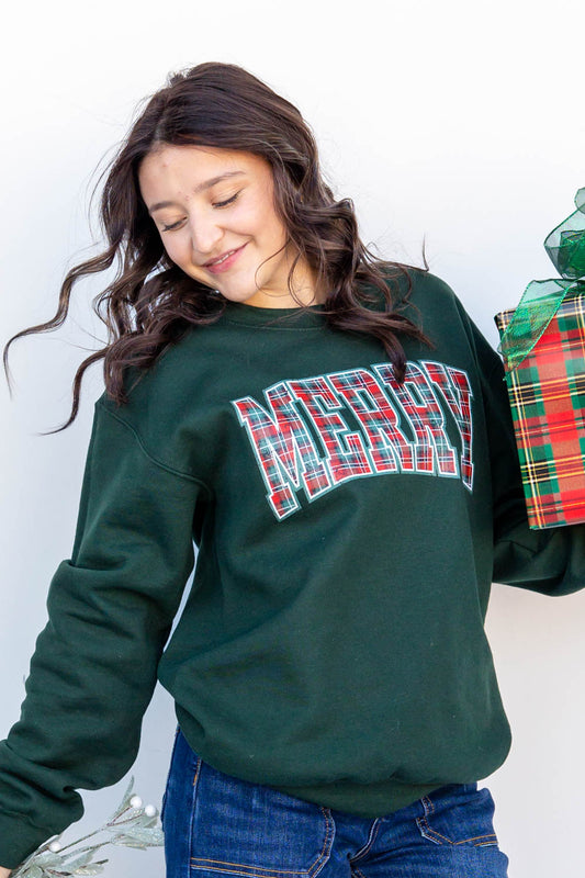 Plaid Merry Graphic Crewneck Sweatshirt