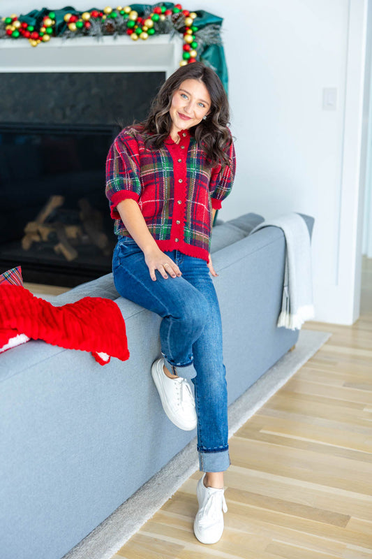 Plaid & Pretty Puff Sleeve Cardigan
