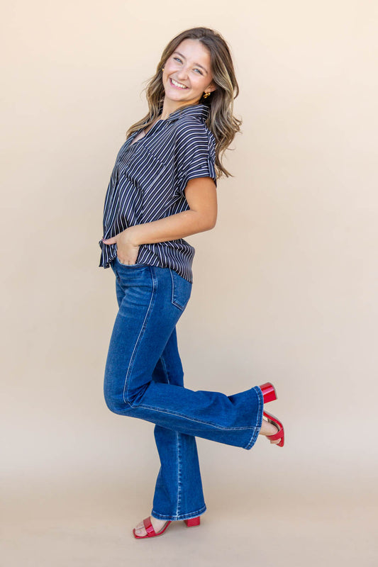 On The Line Short Sleeve Button Down Top