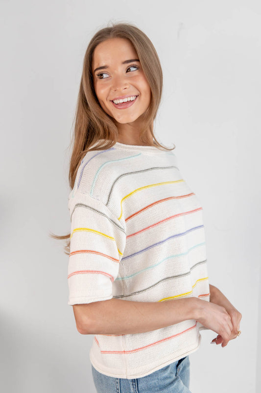 Bright & Breezy Striped Short Sleeve Sweater