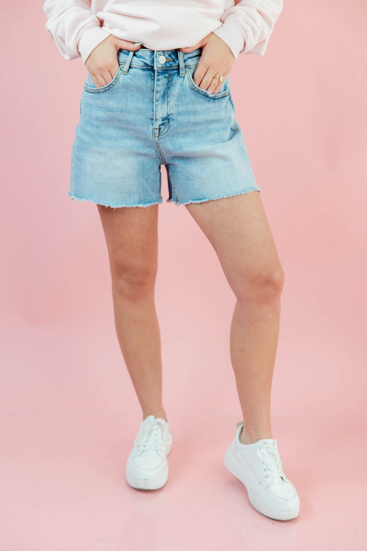Roll With It Frayed Stretch Denim Shorts
