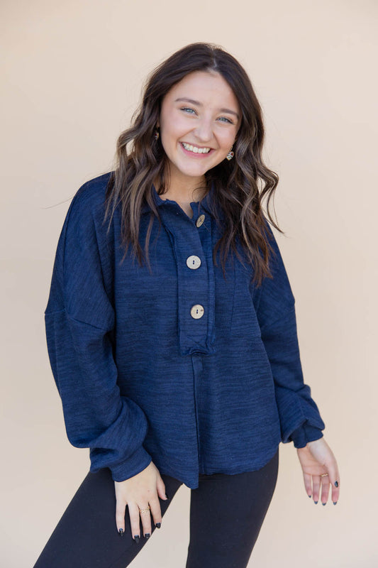 DOORBUSTER Classic Comfort Long Sleeve Collared Knit Top