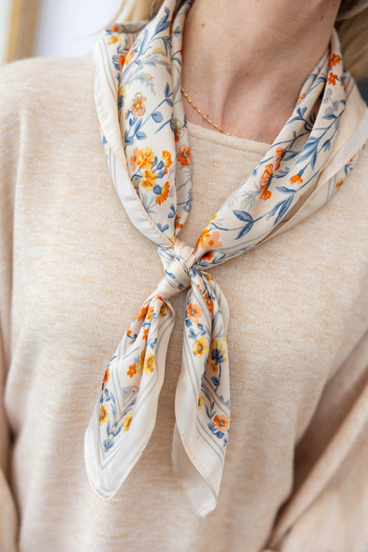 Silk Poetry Beige Floral Satin Square Scarf
