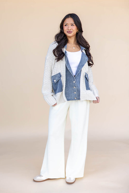 Mixed Media Cable Knit Denim Jacket