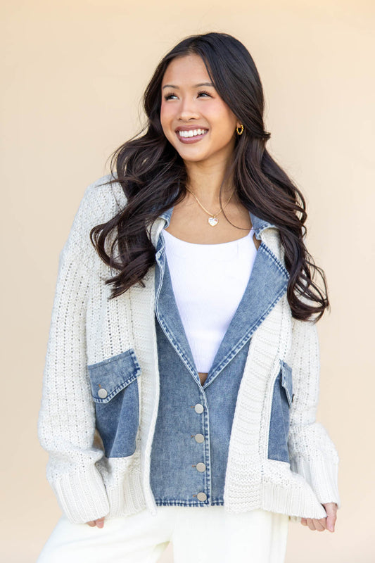 Mixed Media Cable Knit Denim Jacket