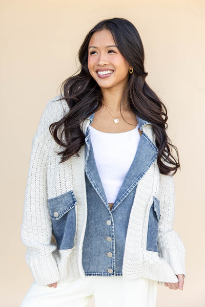 Mixed Media Cable Knit Denim Jacket – Charming & Main
