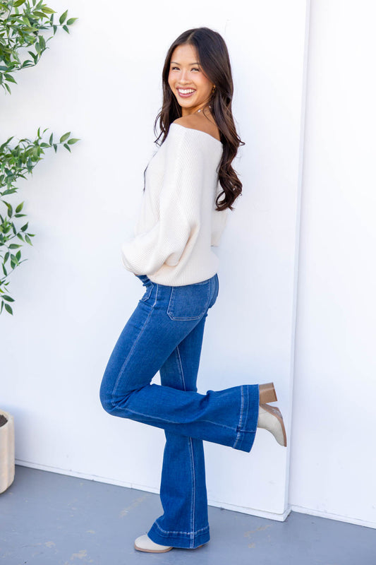 Dream Catcher Mid Rise Trouser Hem Flare Jeans